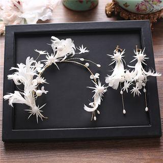 Set: Feather Bridal Headband + Drop Earring