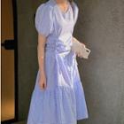 Gingham Puff-sleeve Drawstring Midi A-line Dress