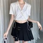 Short-sleeve Open-collar Crop Top / Buckled Mini A-line Skirt