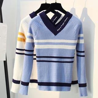 Long-sleeve Lettering Embroidered Striped Knit Top