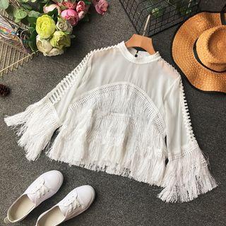 3/4-sleeve Fringed Chiffon Top
