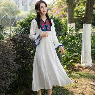 Embroidered Yoke Bell-sleeve Dress