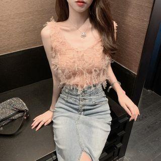 Fringed Sleeveless Top / Denim Slit Midi Pencil Skirt