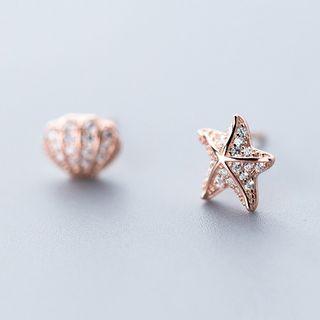 925 Sterling Silver Asymmetric Rhinestone Starfish Stud Earring