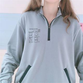 Cartoon Print Half-zip Pullover Grayish Blue - One Size