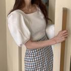 Square-neck Puff-sleeve Knit Top / Gingham Midi Straight-fit Skirt