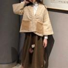 Plaid Pocket-patch Single-buttoned Jacket/ Mock Neck Long-sleeve T-shirt/ Pompom Midi A-line Skirt