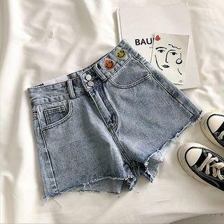 Printed High-waist Frayed Denim Shorts