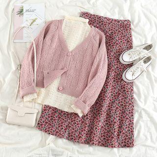 Plain V-neck Cardigan / Ruched Mock-neck Top / Floral Print Midi Skirt