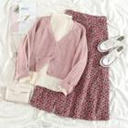 Plain V-neck Cardigan / Ruched Mock-neck Top / Floral Print Midi Skirt