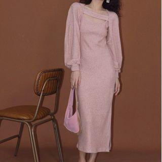 Set: Sleeveless Knit Midi Dress + Shrug