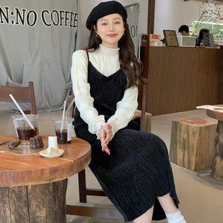 Long-sleeve Ruffle Trim Fleece-lined Crinkle Top / Spaghetti Strap Midi Dress