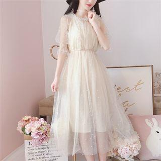 Sequined Elbow Sleeve Midi Mesh Dress