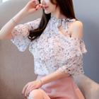 Elbow-sleeve Cold Shoulder Ruffled Floral Chiffon Top