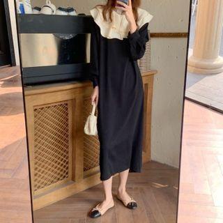 Puff-sleeve Ruffle Collar Midi A-line Dress Black - One Size