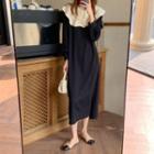 Puff-sleeve Ruffle Collar Midi A-line Dress Black - One Size