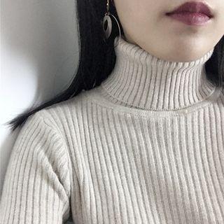 Plain Turtleneck Long-sleeve Slim-fit Knit Top