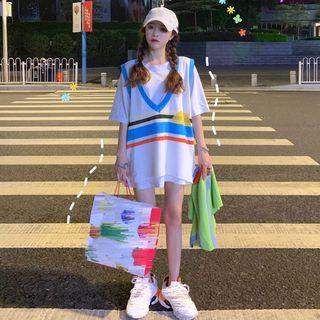 Short-sleeve Plain T-shirt / Striped Vest / Belt