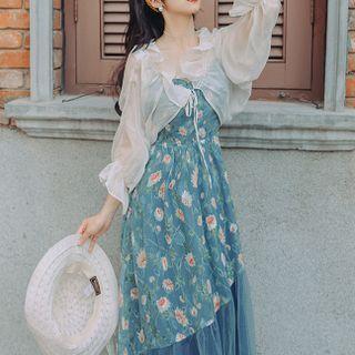 Spaghetti Strap Floral Print A-line Dress / Cape