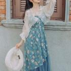 Spaghetti Strap Floral Print A-line Dress / Cape