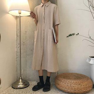 Plain Elbow-sleeve Midi Shirt Dress