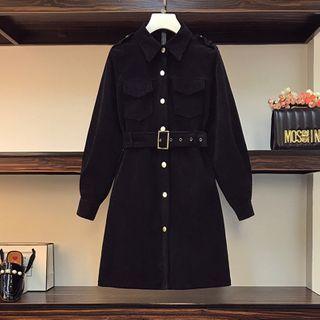Long-sleeve Belt-waist Corduroy Dress