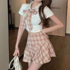 Short-sleeve Tie-neck Top / Plaid Pleated Mini A-line Skirt