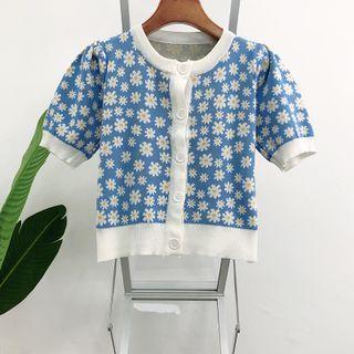 Short Sleeve Flower Pattern Crop Buttoned Cardigan