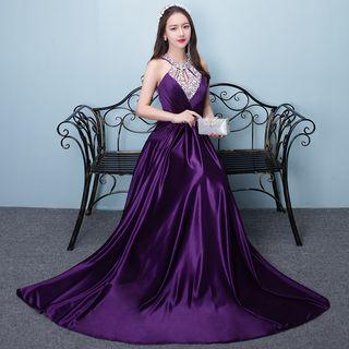 Jeweled Halter Satin Evening Gown