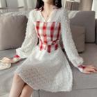 Long-sleeve Fringed Gingham A-line Dress