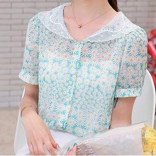 Short-sleeve Floral Beaded Chiffon Blouse