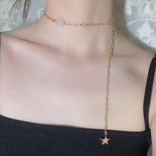 Faux Pearl Alloy Star Pendant Y Choker