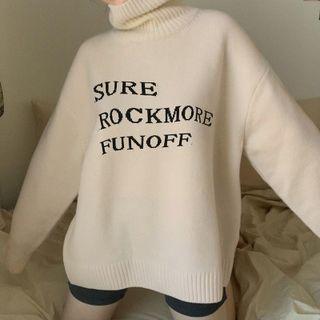Long Sleeve Mock Neck Lettering Loose-fit Sweater Almond - One Size