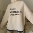 Long Sleeve Mock Neck Lettering Loose-fit Sweater Almond - One Size