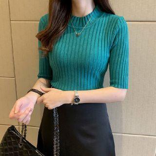 Elbow-sleeve Mock-neck Ribbed Knit Top