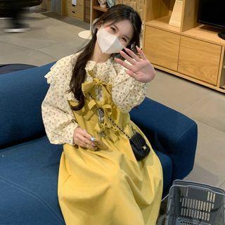 Floral Blouse / Bow Midi A-line Overall Dress