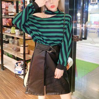 Set: Striped Long-sleeve T-shirt + Faux Leather A-line Skirt