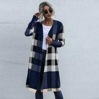 Plaid Open Front Long Jacket