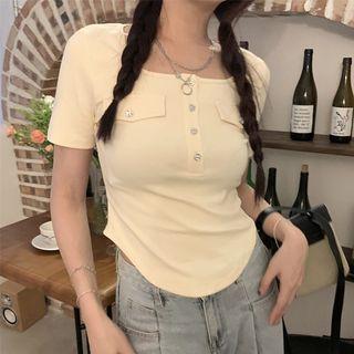Short-sleeve Square-neck Plain Asymmetrical Top