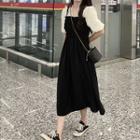 Short-sleeve V-neck Mock Two Piece Midi A-line Dress