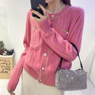 Contrast Trim Beaded Button-up Cardigan