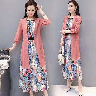 Set: Open-front Jacket + Sleeveless Printed A-line Midi Dress