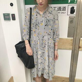 3/4-sleeve Floral Pleated Dress