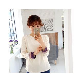 Long-sleeve Round-neck Crochet-cuff T-shirt