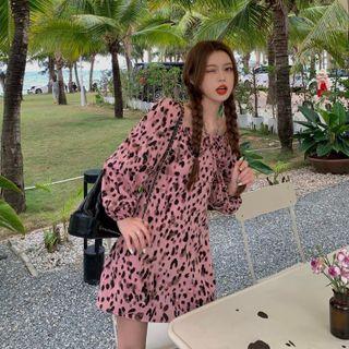 Balloon-sleeve Leopard Print Mini A-line Dress Pink - One Size