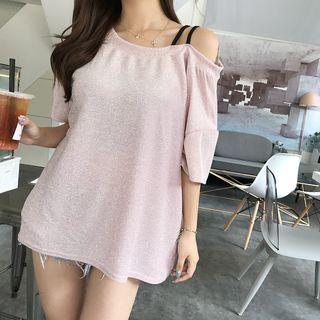 Elbow-sleeve Cold-shoulder Glitter T-shirt