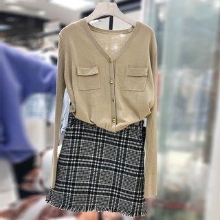 Set: Light Cardigan + Plaid A-line Skirt