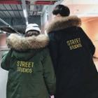 Couple Matching Furry-trim Lettering Embroidered Hooded Padded Coat