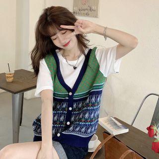 Mock Two-piece Plain T-shirt + Patterned Knit Vest Top - One Size