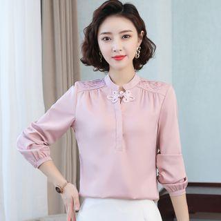 Frog Buttoned Mock-neck Blouse